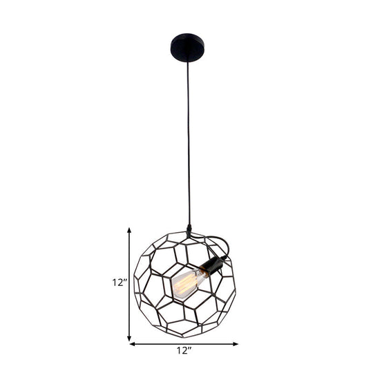 Height Adjustable Simple Black Metal Wire Cage Pendant Light with Honeycomb Design