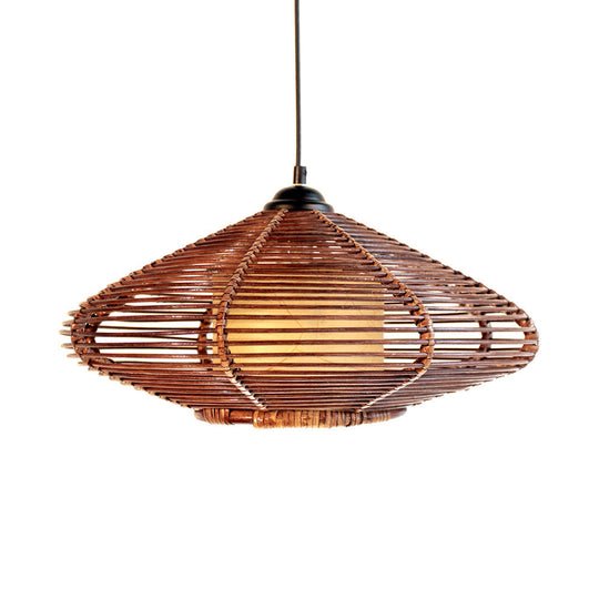 Hand-Woven Rattan Discus Pendant Light In Brown - Asian Style Hanging Lamp For Dining Room &