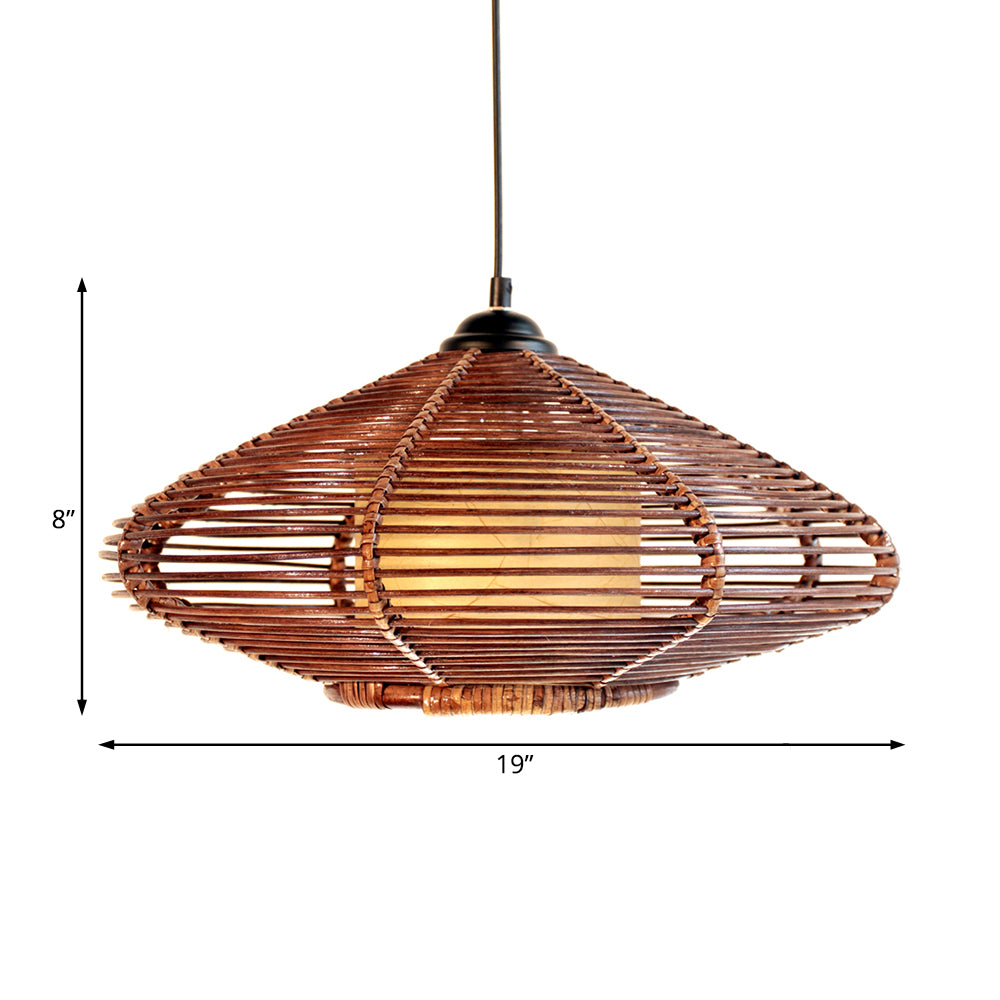 Hand-Woven Rattan Discus Pendant Light In Brown - Asian Style Hanging Lamp For Dining Room &