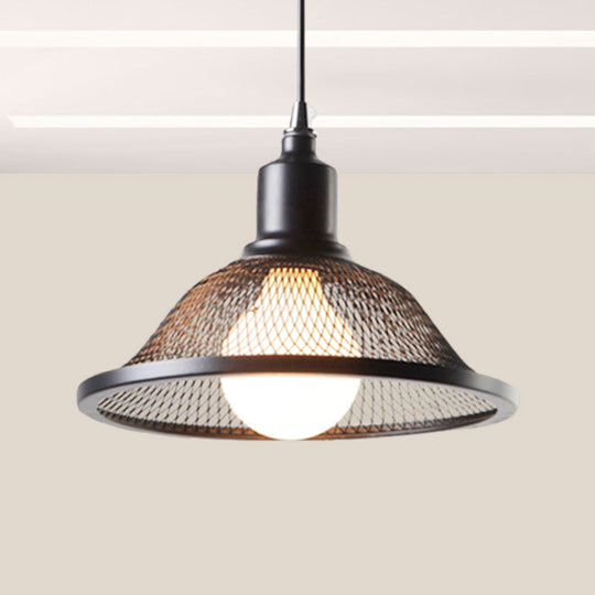 Industrial Black Flared Pendant Light With Mesh Cage - Stylish Hanging Lighting Fixture