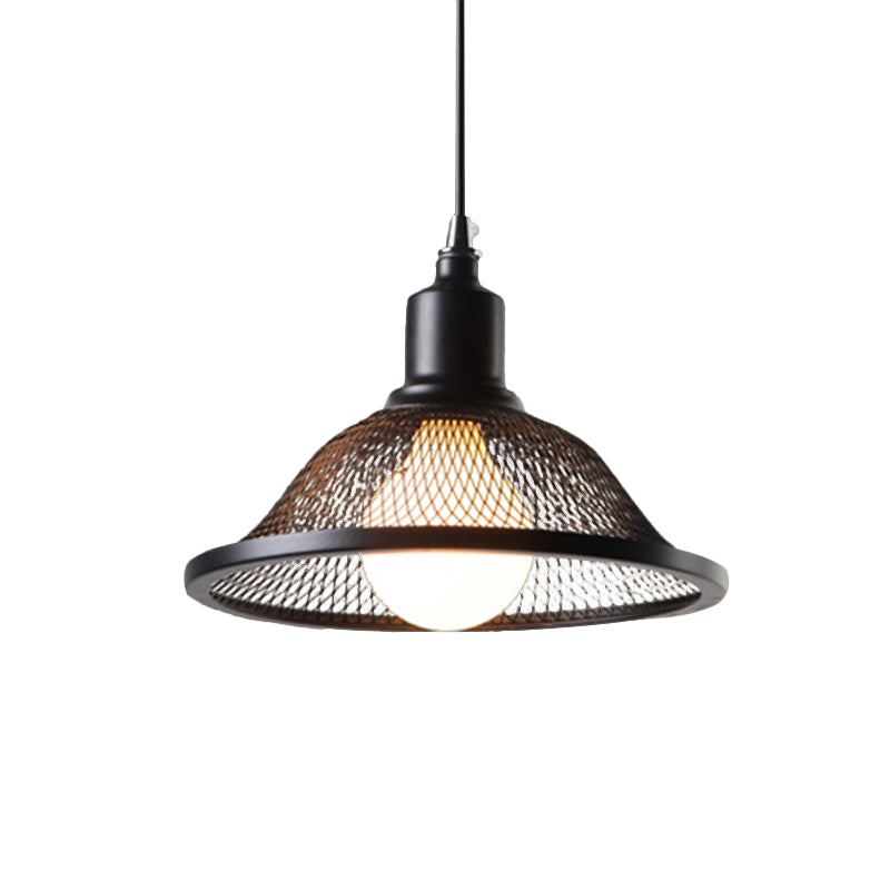 Industrial Black Flared Pendant Light with Mesh Cage - Metallic Hanging Lighting Fixture