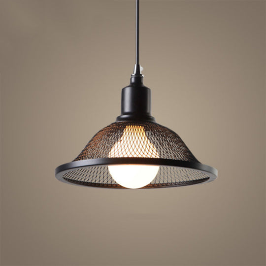 Industrial Black Flared Pendant Light with Mesh Cage - Metallic Hanging Lighting Fixture