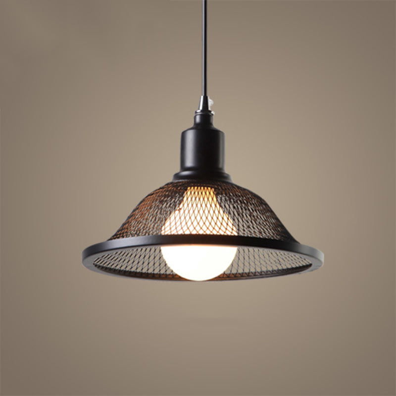 Industrial Black Flared Pendant Light With Mesh Cage - Stylish Hanging Lighting Fixture