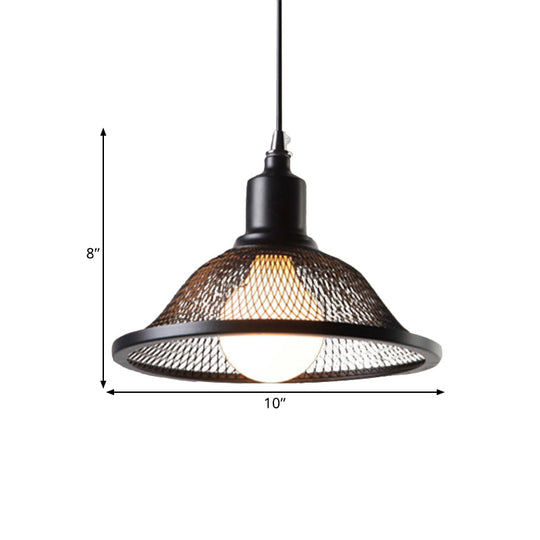 Industrial Black Flared Pendant Light with Mesh Cage - Metallic Hanging Lighting Fixture