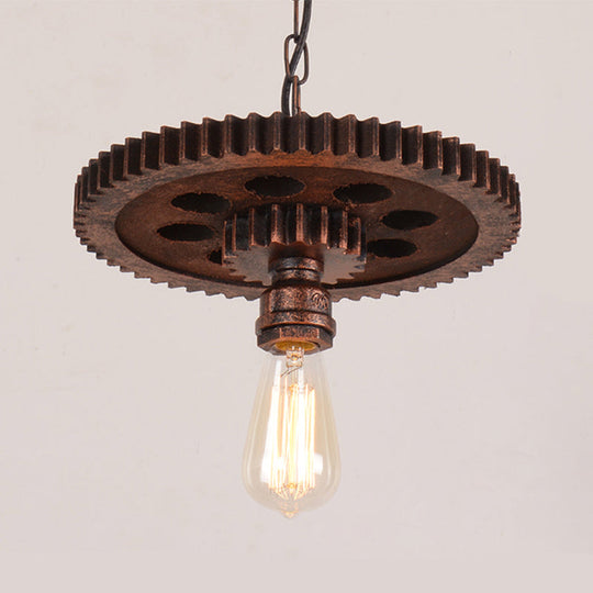 Antique Style Wrought Iron Hanging Light With Gear Decoration - 1 Bare Bulb Suspension