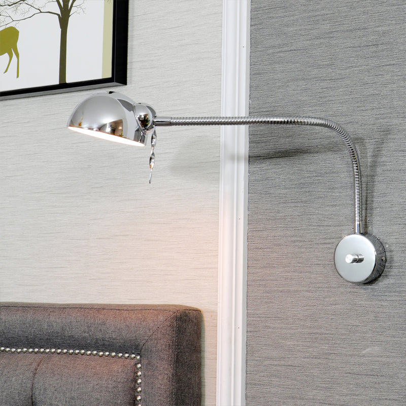 Vintage Chrome/White Metallic Wall Lamp With Flexible Arm And Dome Shade Perfect Bedside Sconce