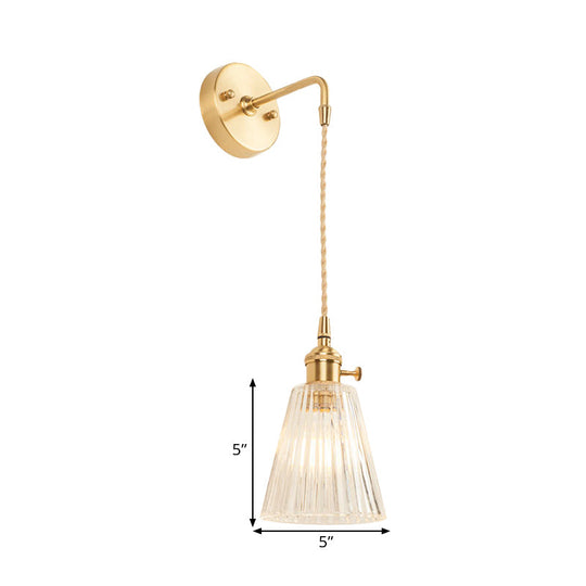 Industrial Bedroom Sconce With Clear Textured Glass Cone Shade - Wall Light Fixture