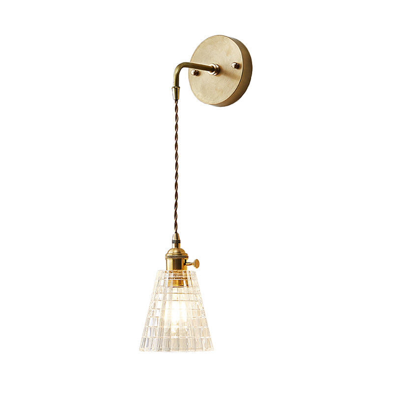 Clear Textured Glass Wall Sconce With Single Brass Bulb - Perfect For Industrial Bedroom Lighting