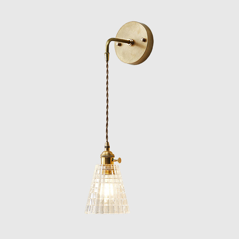 Clear Textured Glass Wall Sconce With Single Brass Bulb - Perfect For Industrial Bedroom Lighting