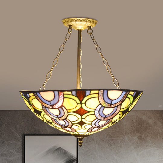 Tiffany Stained Glass Bowl Chandelier - Vibrant Multi-Colored Pendant Light for Living Room