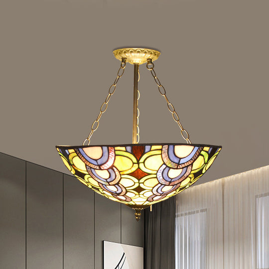 Tiffany Stained Glass Bowl Chandelier - Vibrant Multi-Colored Pendant Light for Living Room