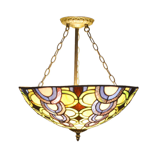 Tiffany Stained Glass Bowl Chandelier - Vibrant Multi-Colored Pendant Light for Living Room