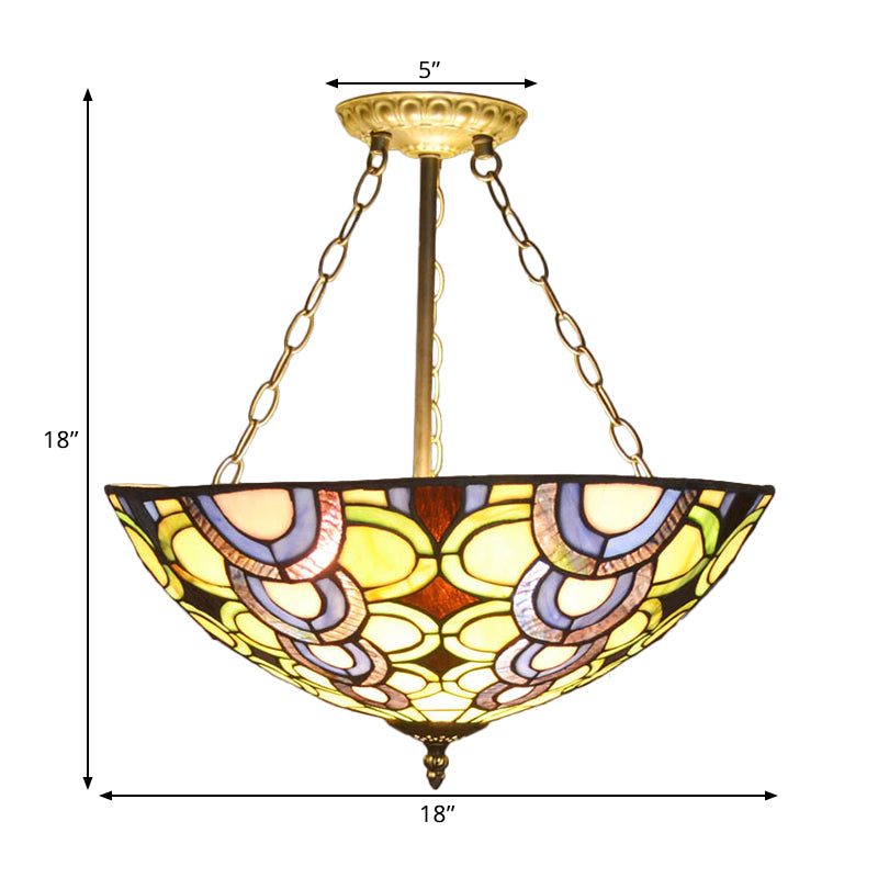 Tiffany Stained Glass Bowl Chandelier - Vibrant Multi-Colored Pendant Light for Living Room