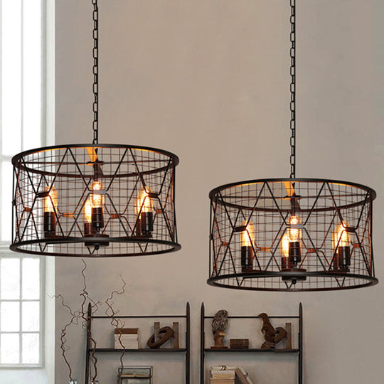 Vintage Industrial Metal 6-Light Pendant Chandelier with Trellis Drum Design