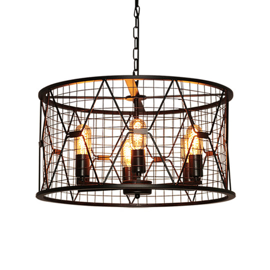 Vintage Industrial Metal 6-Light Pendant Chandelier with Trellis Drum Design