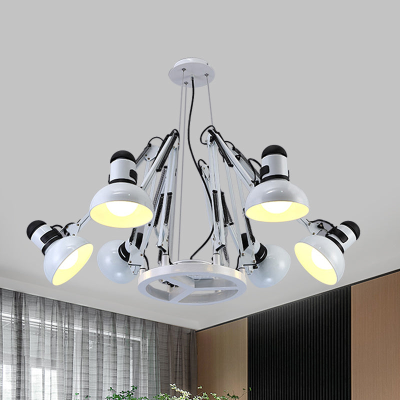 Retro Black/White Dome Pendant Chandelier with Adjustable Arm - 6 Lights, Spider Design