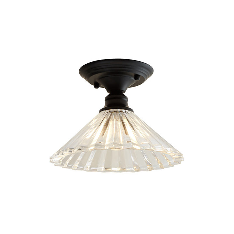 Wavy/Wide Flare Semi-Flush Mount Industrial Black Clear Textured Glass Lighting Fixture