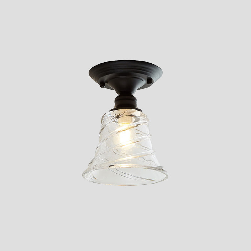 Wavy/Wide Flare Semi-Flush Mount Industrial Black Clear Textured Glass Lighting Fixture