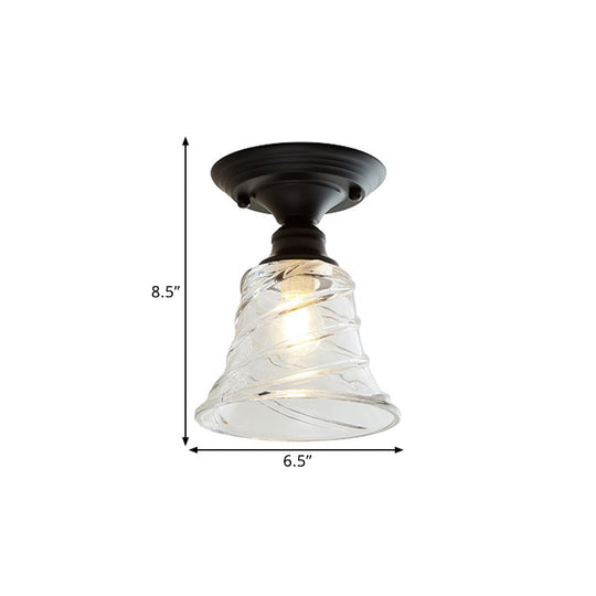 Wavy/Wide Flare Semi-Flush Mount Industrial Black Clear Textured Glass Lighting Fixture