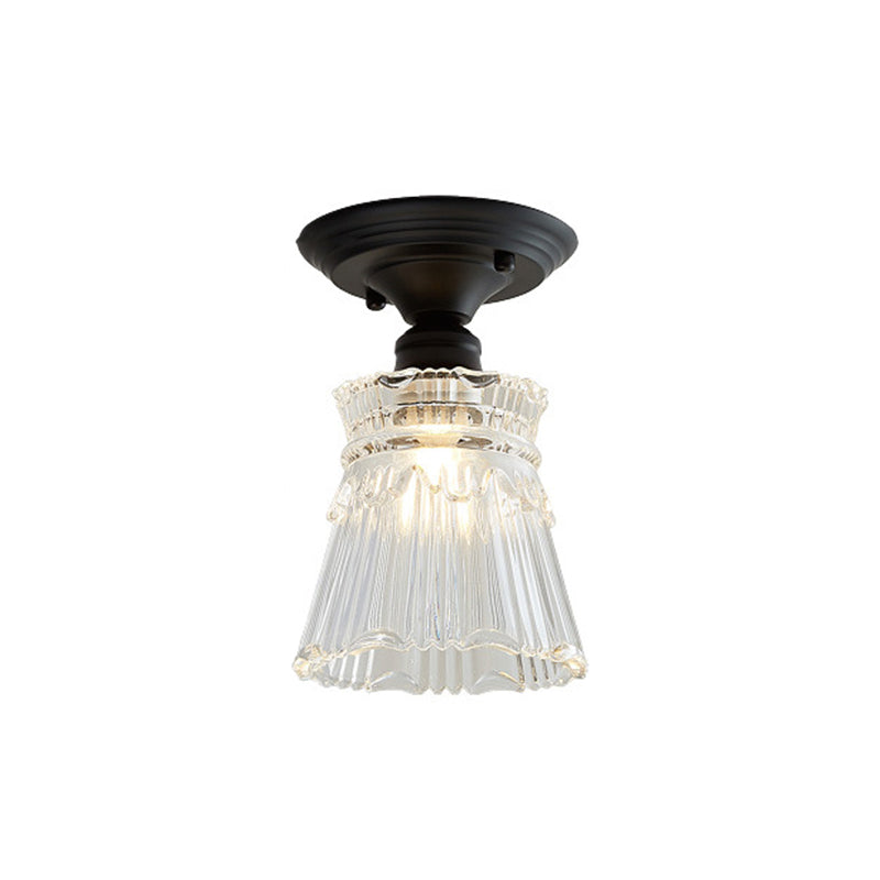 Wavy/Wide Flare Semi-Flush Mount Industrial Black Clear Textured Glass Lighting Fixture