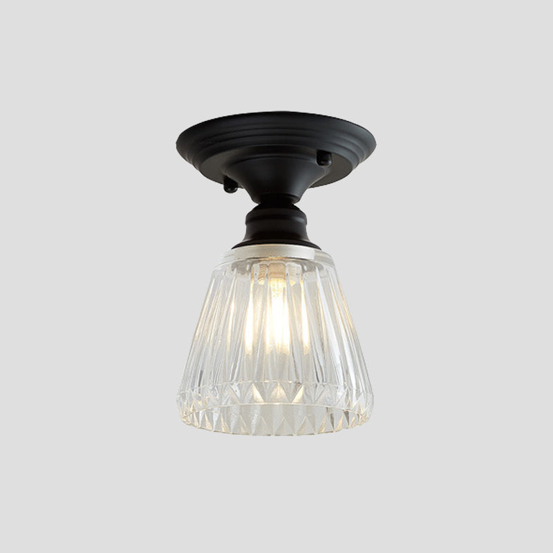 Wavy/Wide Flare Semi-Flush Mount Industrial Black Clear Textured Glass Lighting Fixture