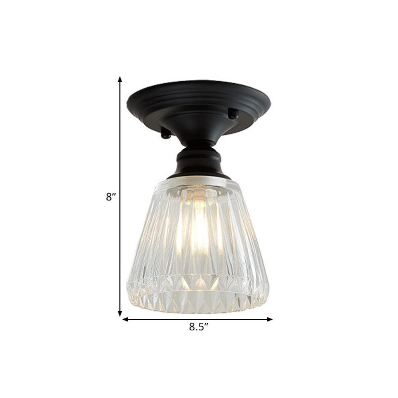 Wavy/Wide Flare Semi-Flush Mount Industrial Black Clear Textured Glass Lighting Fixture