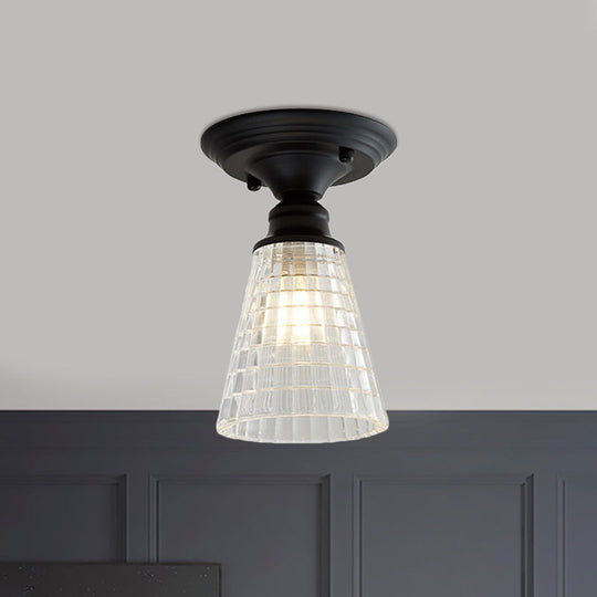 Wavy/Wide Flare Semi-Flush Mount Industrial Black Clear Textured Glass Lighting Fixture