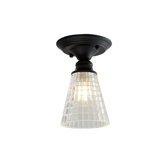 Wavy/Wide Flare Semi-Flush Mount Industrial Black Clear Textured Glass Lighting Fixture