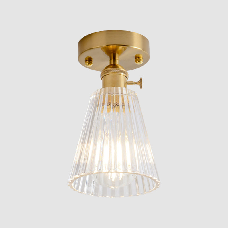 Clear Glass Single Light Gold Semi Flush Industrial Ceiling Lighting - Cone/Cylinder/Bell Corridor