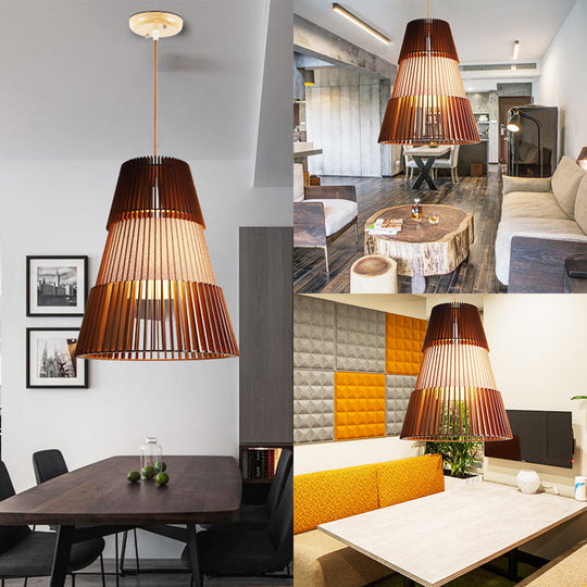 Modern Brown Bamboo Pendant Light For Restaurants - 1-Light Conical Shade Hanging Ceiling Fixture