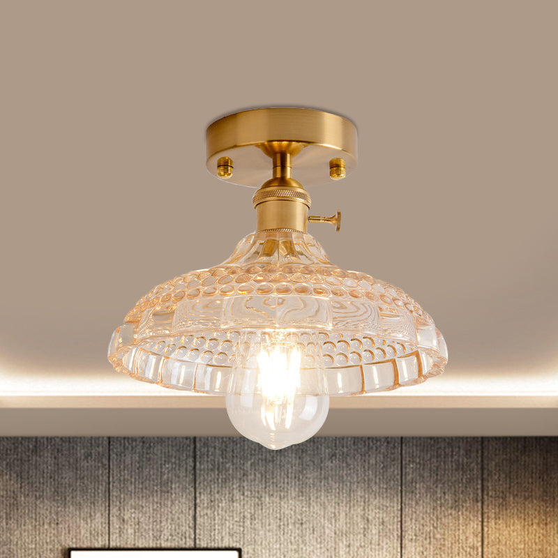 Industrial Brass Semi Flush Ceiling Light with Dome/Barn/Flower Shade - Amber/Clear Textured Glass - Ideal for Living Room