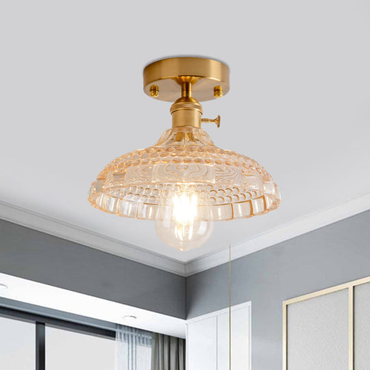 Industrial Brass Semi Flush Ceiling Light with Dome/Barn/Flower Shade - Amber/Clear Textured Glass - Ideal for Living Room