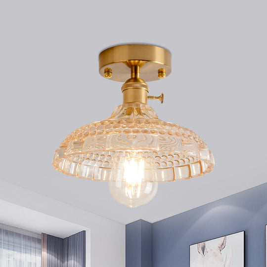 Industrial Brass Semi Flush Ceiling Light with Dome/Barn/Flower Shade - Amber/Clear Textured Glass - Ideal for Living Room