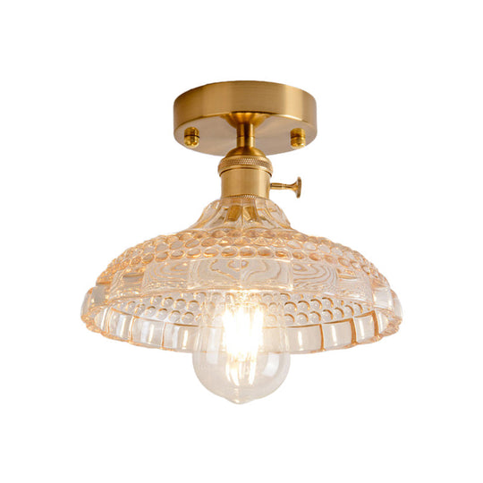 Industrial Brass Semi Flush Ceiling Light with Dome/Barn/Flower Shade - Amber/Clear Textured Glass - Ideal for Living Room