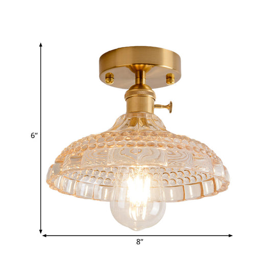 Industrial Brass Semi Flush Ceiling Light with Dome/Barn/Flower Shade - Amber/Clear Textured Glass - Ideal for Living Room