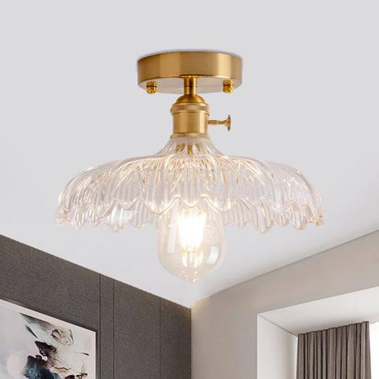 Industrial Brass Semi Flush Ceiling Light With Dome/Barn/Flower Shade - Amber/Clear Textured Glass