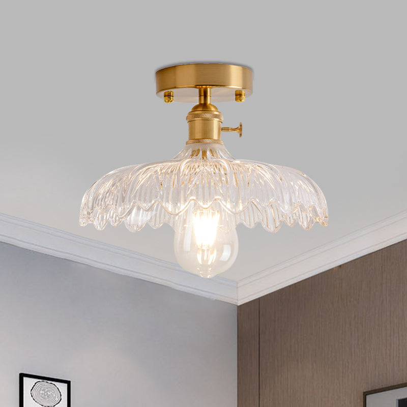 Industrial Brass Semi Flush Ceiling Light with Dome/Barn/Flower Shade - Amber/Clear Textured Glass - Ideal for Living Room