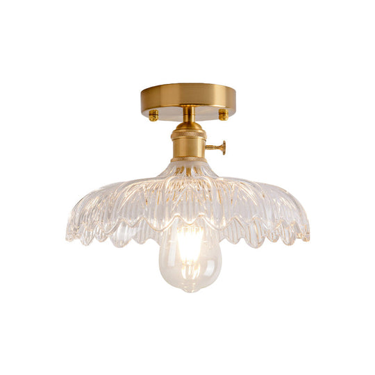 Industrial Brass Semi Flush Ceiling Light with Dome/Barn/Flower Shade - Amber/Clear Textured Glass - Ideal for Living Room