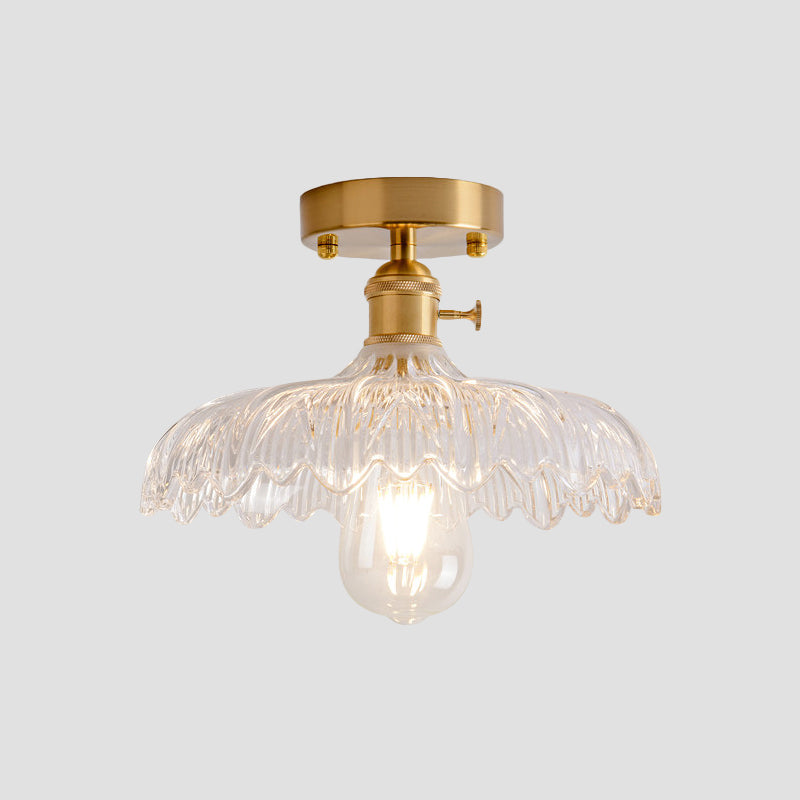 Industrial Brass Semi Flush Ceiling Light with Dome/Barn/Flower Shade - Amber/Clear Textured Glass - Ideal for Living Room