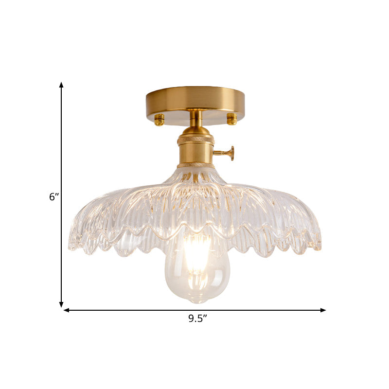 Industrial Brass Semi Flush Ceiling Light with Dome/Barn/Flower Shade - Amber/Clear Textured Glass - Ideal for Living Room