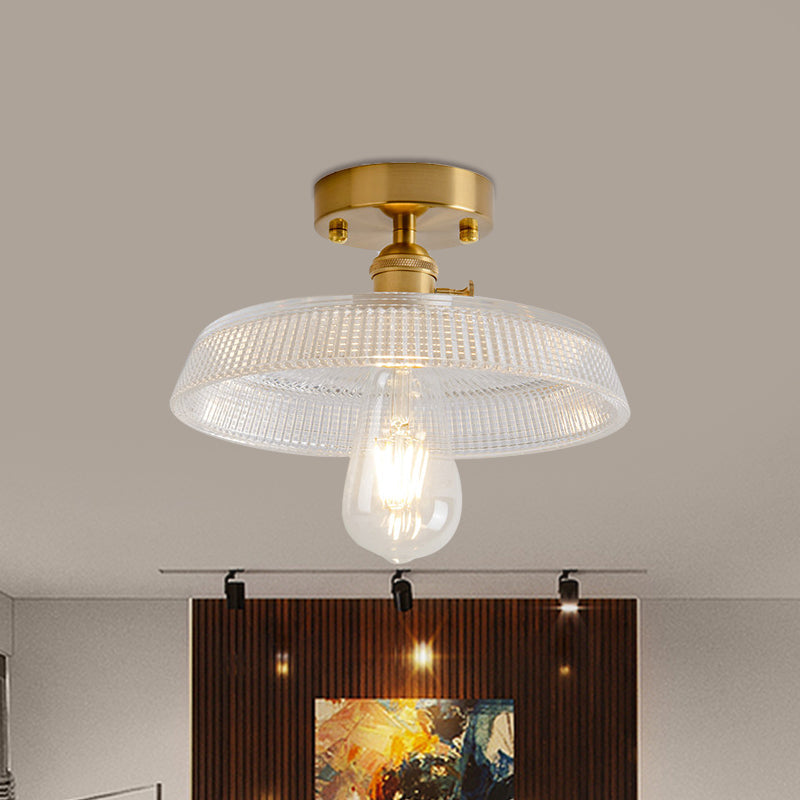 Industrial Brass Semi Flush Ceiling Light with Dome/Barn/Flower Shade - Amber/Clear Textured Glass - Ideal for Living Room