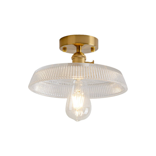 Industrial Brass Semi Flush Ceiling Light with Dome/Barn/Flower Shade - Amber/Clear Textured Glass - Ideal for Living Room