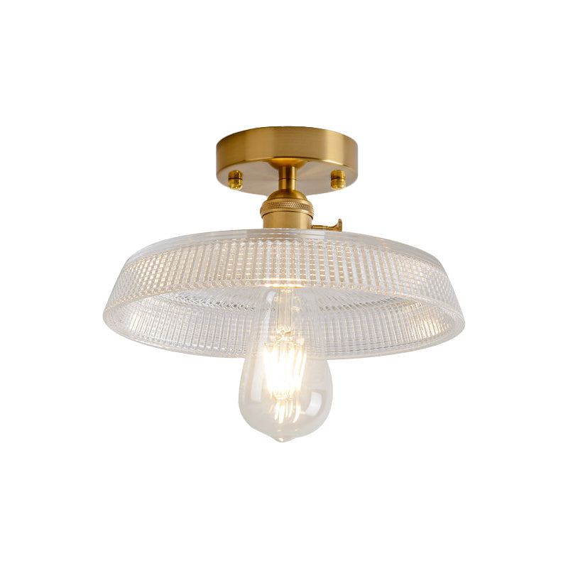 Industrial Brass Semi Flush Ceiling Light With Dome/Barn/Flower Shade - Amber/Clear Textured Glass