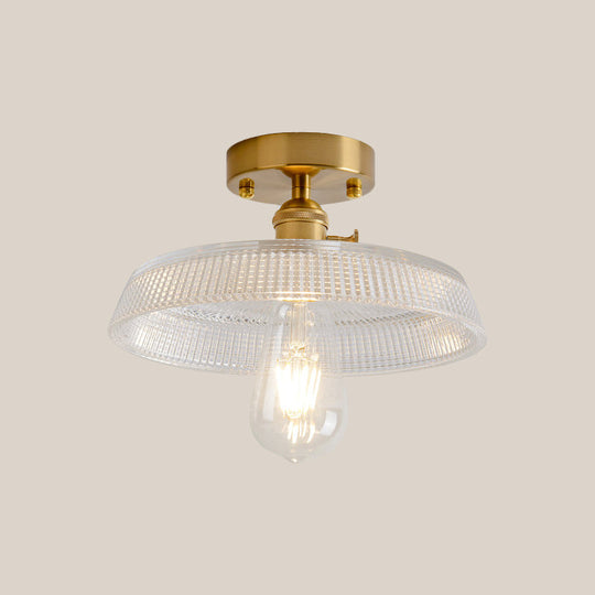 Industrial Brass Semi Flush Ceiling Light with Dome/Barn/Flower Shade - Amber/Clear Textured Glass - Ideal for Living Room