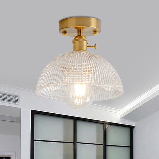 Industrial Brass Semi Flush Ceiling Light with Dome/Barn/Flower Shade - Amber/Clear Textured Glass - Ideal for Living Room