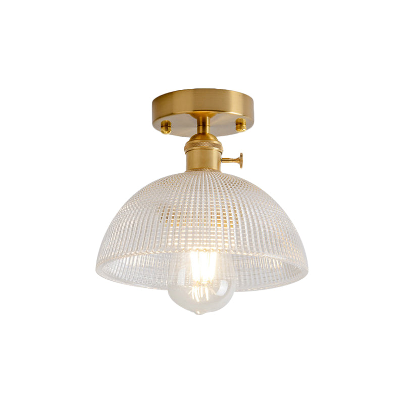 Industrial Brass Semi Flush Ceiling Light with Dome/Barn/Flower Shade - Amber/Clear Textured Glass - Ideal for Living Room