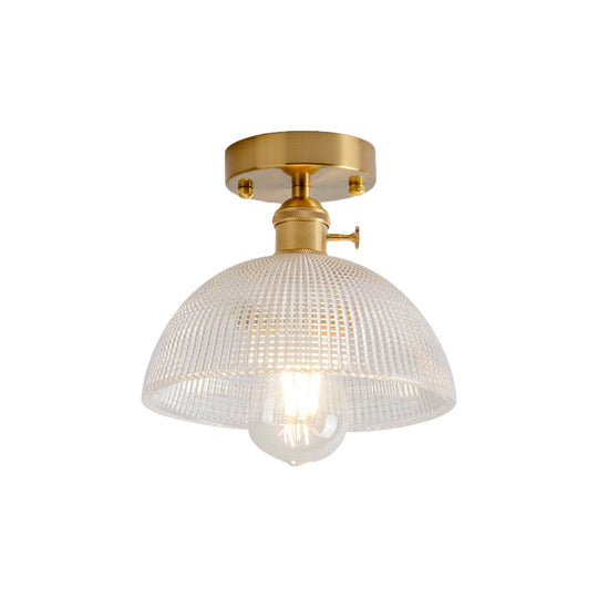 Industrial Brass Semi Flush Ceiling Light With Dome/Barn/Flower Shade - Amber/Clear Textured Glass