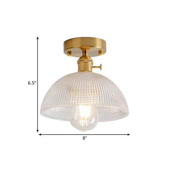 Industrial Brass Semi Flush Ceiling Light with Dome/Barn/Flower Shade - Amber/Clear Textured Glass - Ideal for Living Room