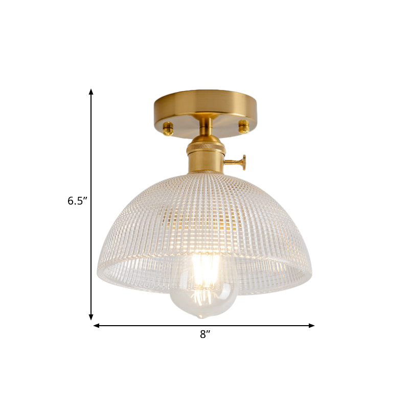 Industrial Brass Semi Flush Ceiling Light With Dome/Barn/Flower Shade - Amber/Clear Textured Glass