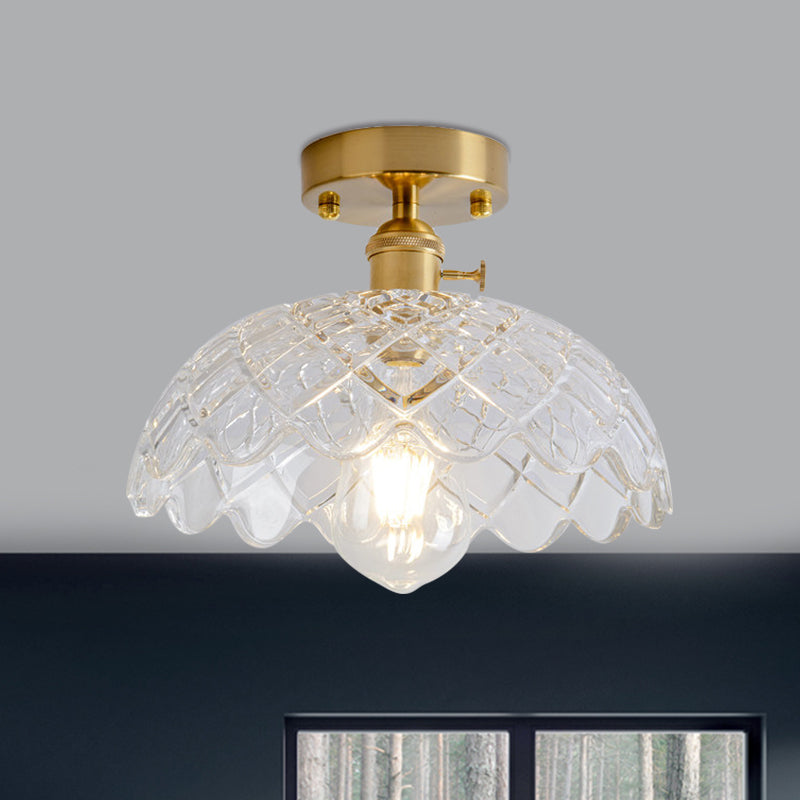 Industrial Brass Semi Flush Ceiling Light with Dome/Barn/Flower Shade - Amber/Clear Textured Glass - Ideal for Living Room